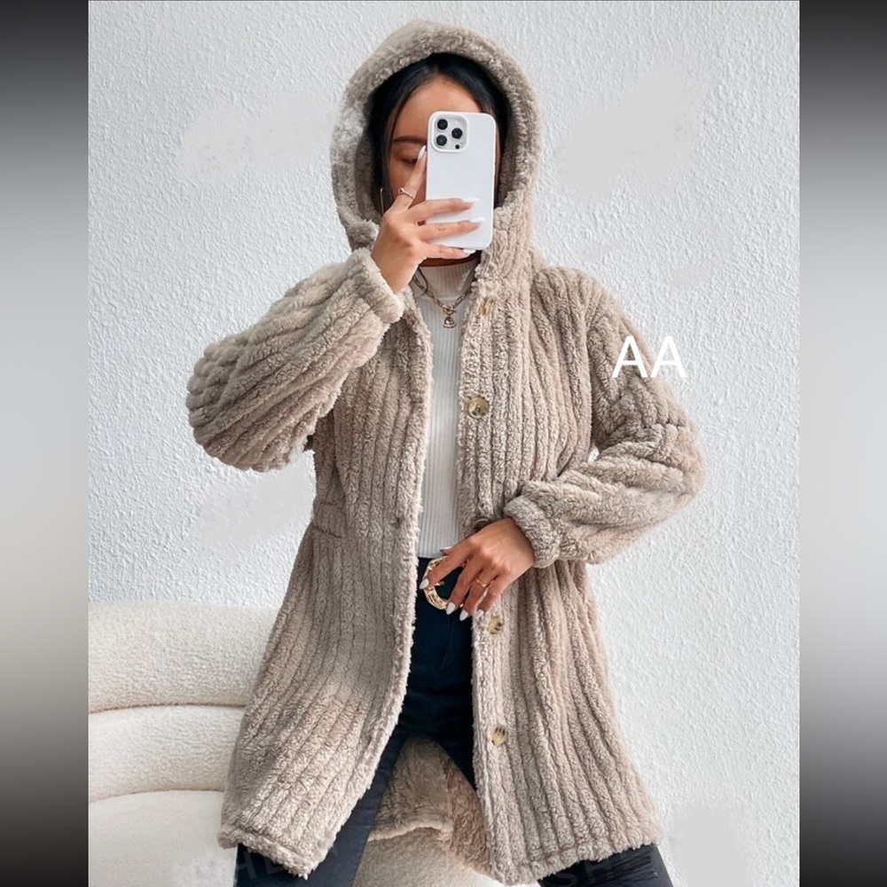Luxe Cozy Button Down Faux Fur Hoodie Teddy Jacket Coat - Picture 2 of 4